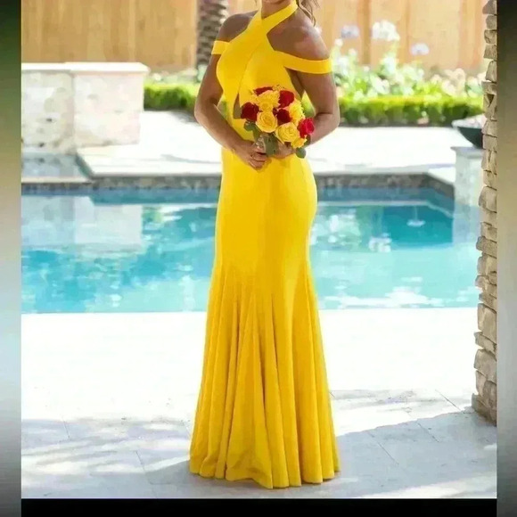 Jasz Couture - Cross Halter Mermaid Gown 6238. Bright Yellow Size 2 (Worn Once) - Picture 11 of 12